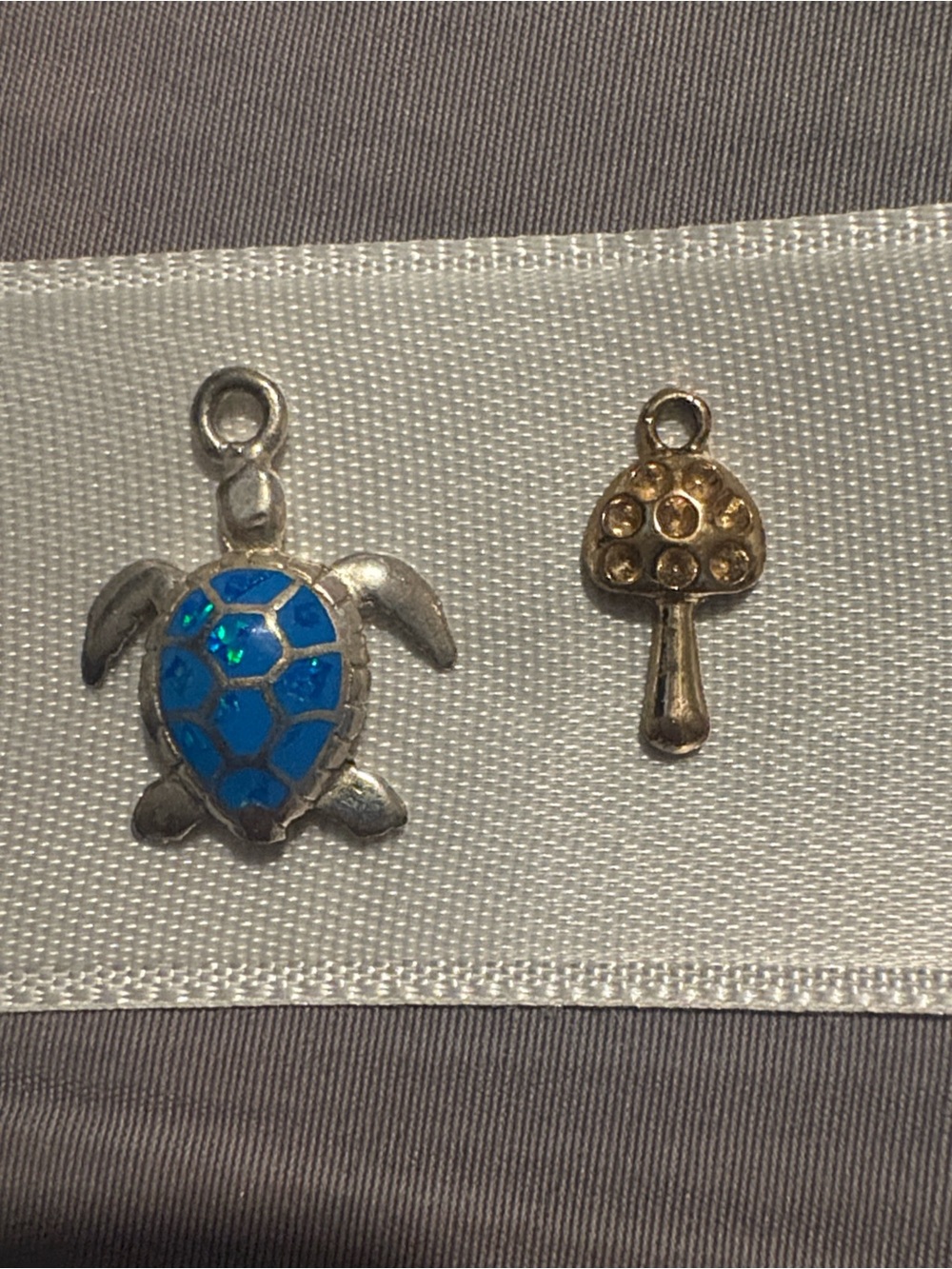 Blue Enamel Sea Turtle Silver Tone Charm & Gold Tone Mushroom Charm Set